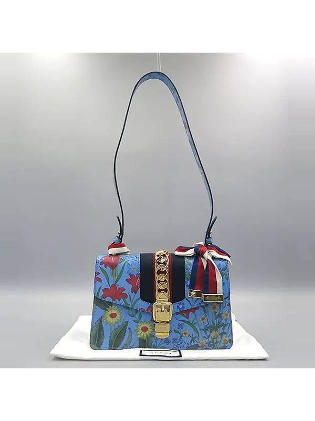 421882 Gucci Sylvie season collection blue flower printing leather ribbon shoulder bag strap 2WAY - GUCCI - BALAAN 1