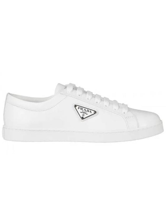 triangle logo brushed leather low-top sneakers white - PRADA - BALAAN 1