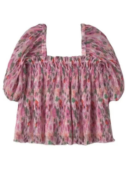 Pleated Georgette Puff Sleeve Smock Blouse Pink - GANNI - BALAAN 2