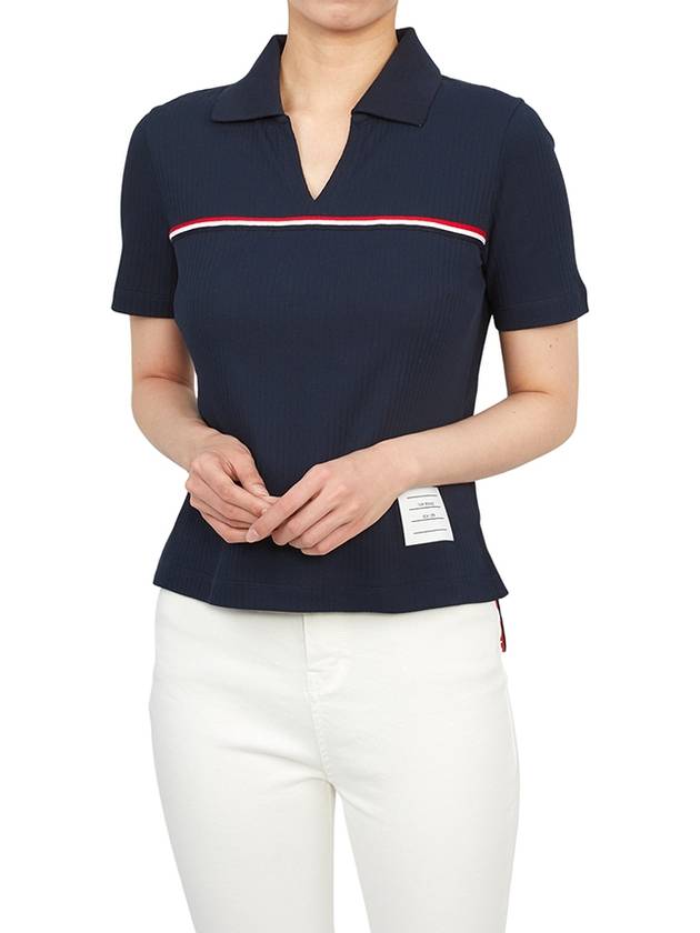 Three Stripes High Twist Rib Polo Shirt Navy - THOM BROWNE - BALAAN 8