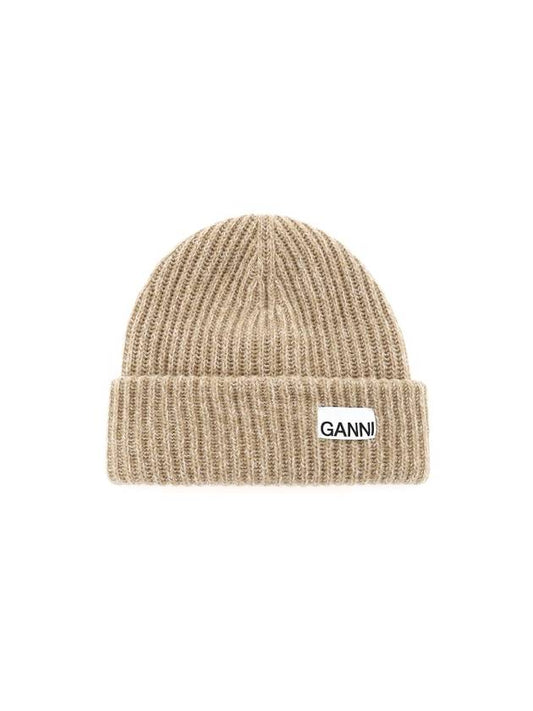 logo patch wool beanie beige - GANNI - BALAAN.