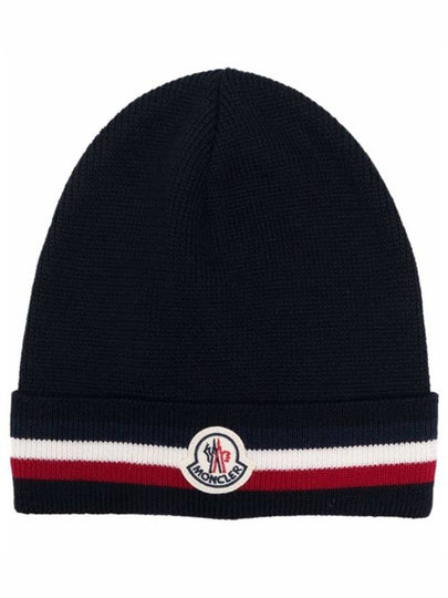 Logo Patch Three Stripes Wool Beanie Navy - MONCLER - BALAAN 2