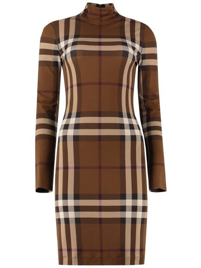 Women's Check Stretch Funnel Neck Midi Dress Brown - BURBERRY - BALAAN 2