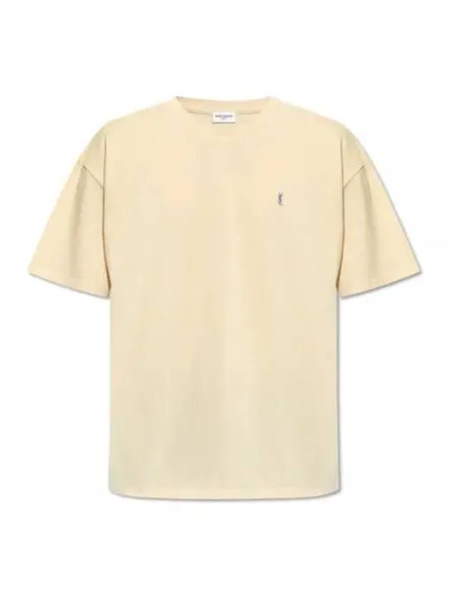 Embroidered Logo Short Sleeve T-Shirt Yellow - SAINT LAURENT - BALAAN 2