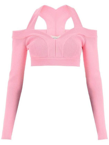 Women's Cropped Off Shoulder Viscose Long Sleeve T-Shirt Pink - ALEXANDER MCQUEEN - BALAAN 1