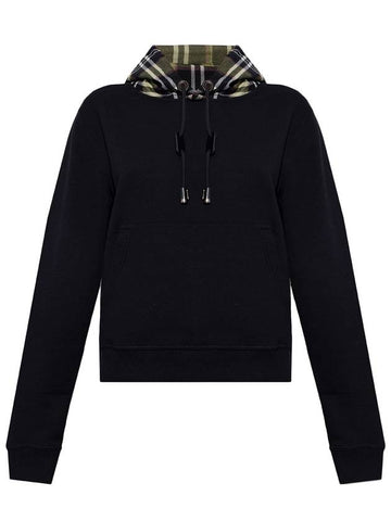 Women's Drawstring Check Hooded Top Black - BURBERRY - BALAAN 1