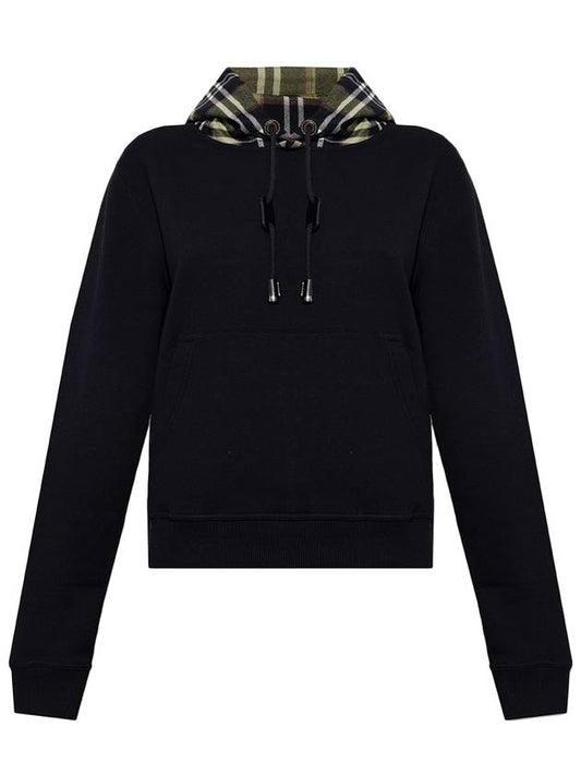 Women's Drawstring Check Hooded Top Black - BURBERRY - BALAAN 1