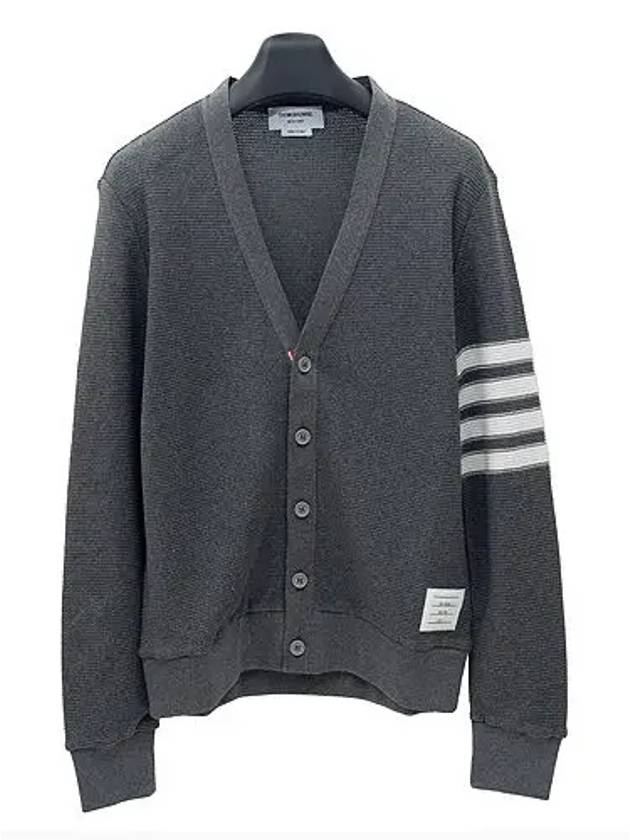 4 Bar Open Raschel Stitch V Neck Cardigan Grey - THOM BROWNE - BALAAN 2