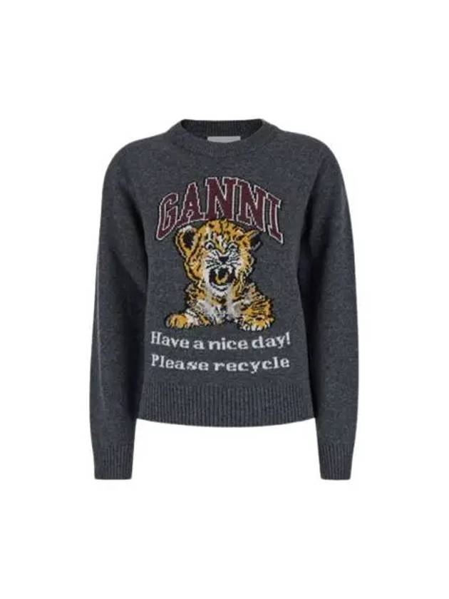 Graphic Wool Mix Tiger Crewneck Knit Top Grey - GANNI - BALAAN 2