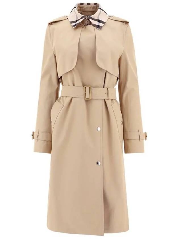 Women's Check Panel Cotton Gabardine Regular Fit Trench Coat Beige - BURBERRY - BALAAN 2