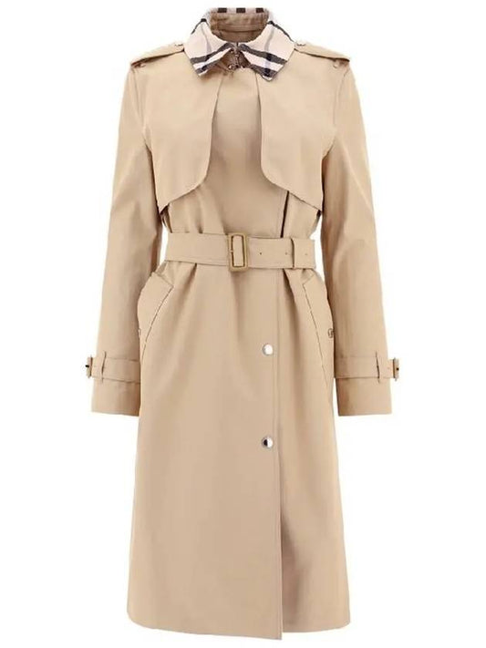 Women's Check Panel Cotton Gabardine Regular Fit Trench Coat Soft Phone - BURBERRY - BALAAN 2