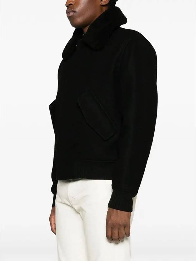 Shearling Collar Wool Zip-Up Jacket Black - AMI - BALAAN 6