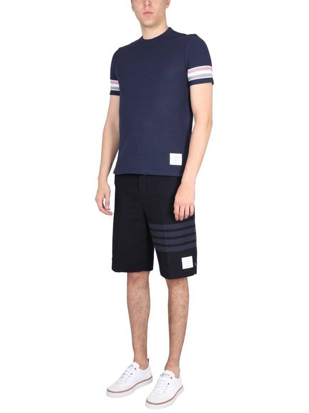 Textured Cotton Stripe Short Sleeve T-Shirt Navy - THOM BROWNE - BALAAN 3