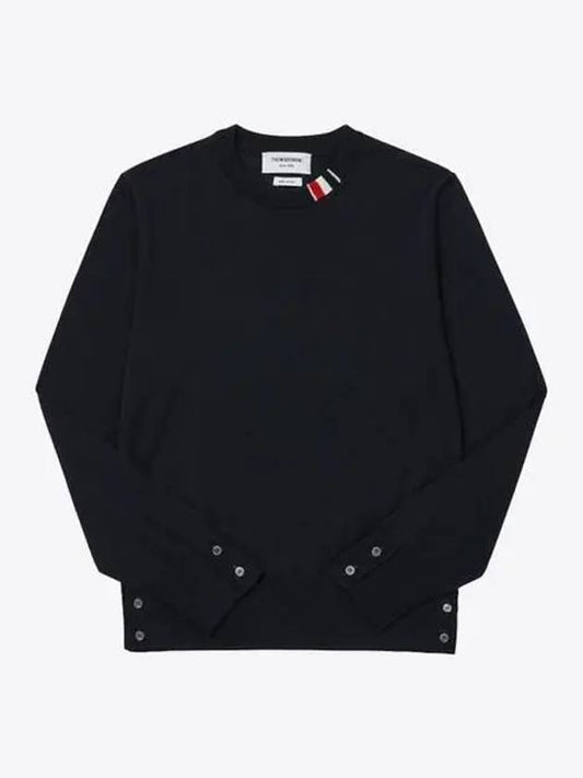 Intarsia Stitch Crew Neck Merino Wool Knit Top Navy - THOM BROWNE - BALAAN 2