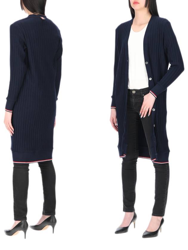 wide rib cashmere tip V-neck cardigan long dress navy - THOM BROWNE - BALAAN.