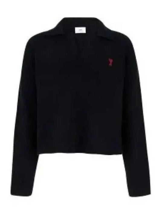 Small Heart Long Sleeve Polo Shirt Black - AMI - BALAAN 2