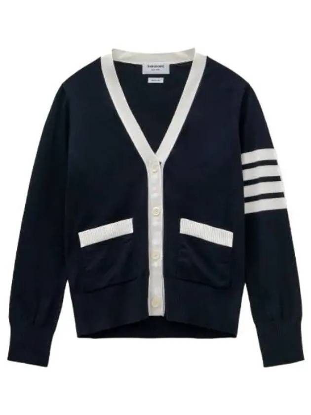 Diagonal striped V neck cardigan navy - THOM BROWNE - BALAAN 1