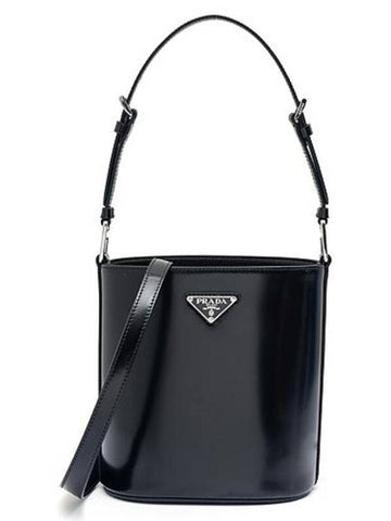 Triangle Logo Brushed Leather Mini Bucket Bag Black - PRADA - BALAAN 1