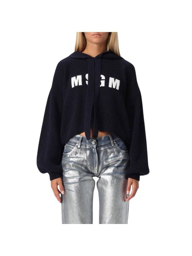 Wool Cashmere Biscuit Hooded Knit Top Navy - MSGM - BALAAN 1