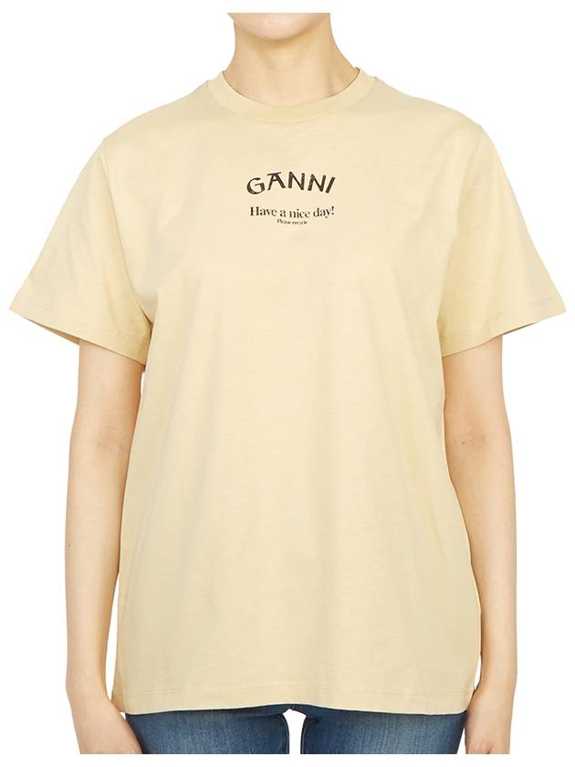 Logo Relaxed Fit Short Sleeve T-Shirt Pale Khaki - GANNI - BALAAN 4