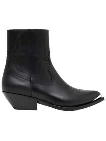 Leon Metal Toe Shiny Calfskin Zipped Ankle Boot Black - CELINE - BALAAN 1