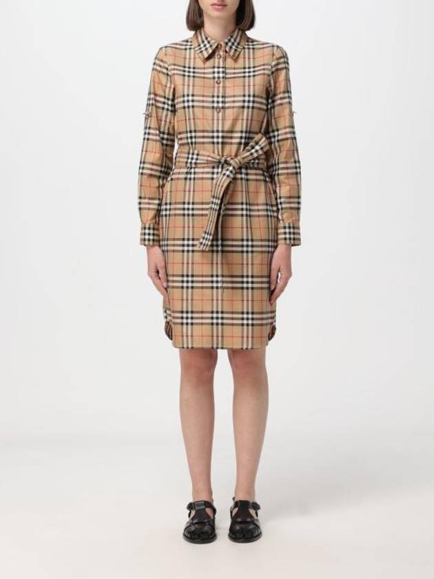 Belted Check Midi Shirt Dress Beige - BURBERRY - BALAAN 1