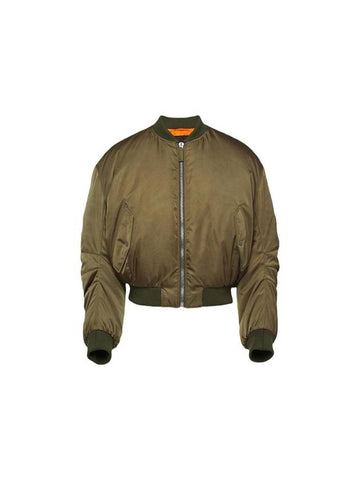 Cropped Re-Nylon Down Bomber Jacket Military Green - PRADA - BALAAN 1