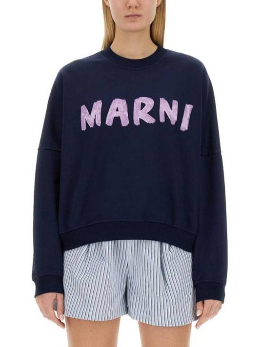 Logo Print Cotton Sweatshirt Blue - MARNI - BALAAN 1