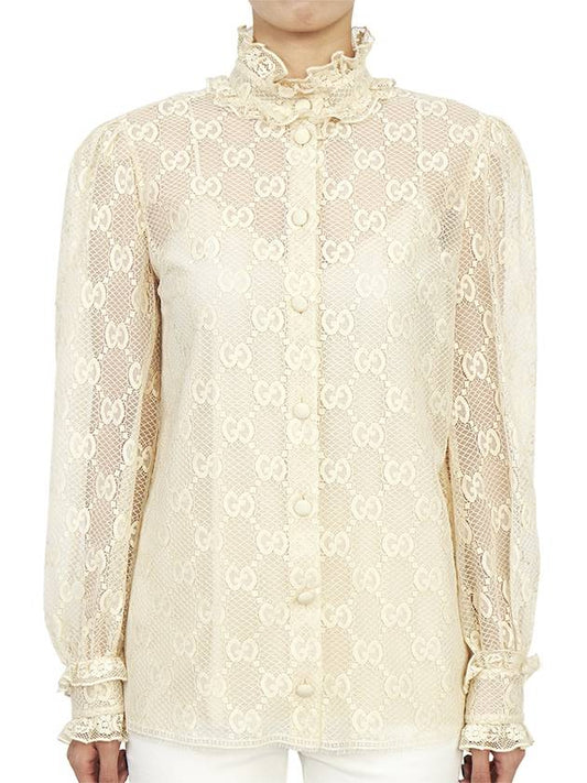 Women's GG Lace Rough Collar Long Sleeve Shirt Ivory - GUCCI - BALAAN.