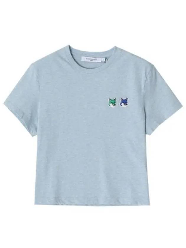 Double Fox Head Patch Cropped Short Sleeve T-Shirt Blue - MAISON KITSUNE - BALAAN 2