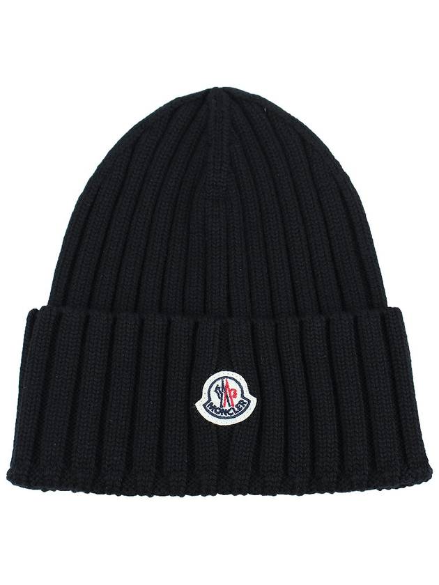 Logo Patch Wool Beanie Black - MONCLER - BALAAN 2