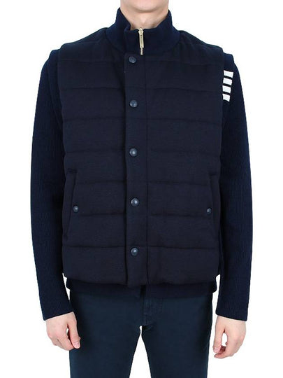 Men's Reversible Padded 4 Bar Funnel Neck Merino Jersey Padding Jacket Navy - THOM BROWNE - BALAAN 2