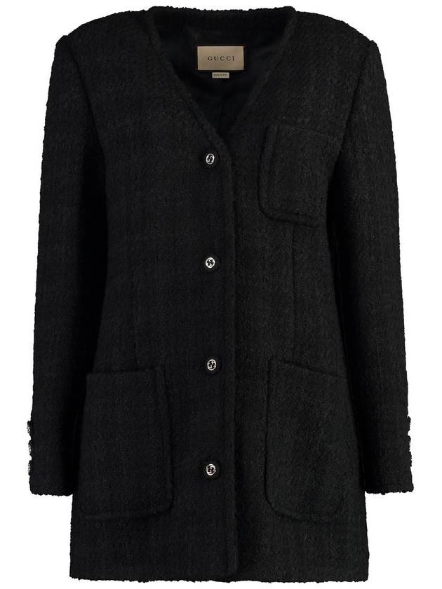 V-neck single-breasted tweed melange jacket black - GUCCI - BALAAN 2