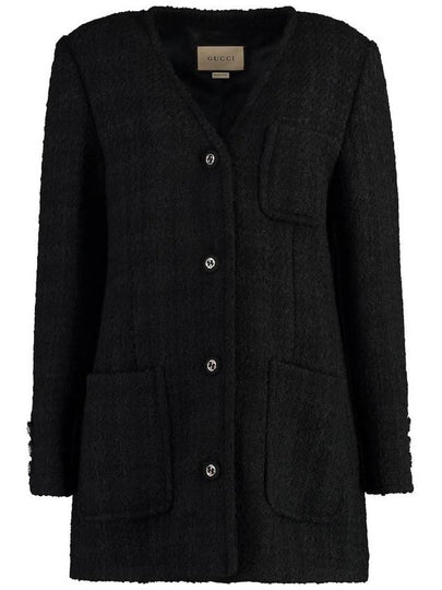 V-neck single-breasted tweed melange jacket black - GUCCI - BALAAN 2