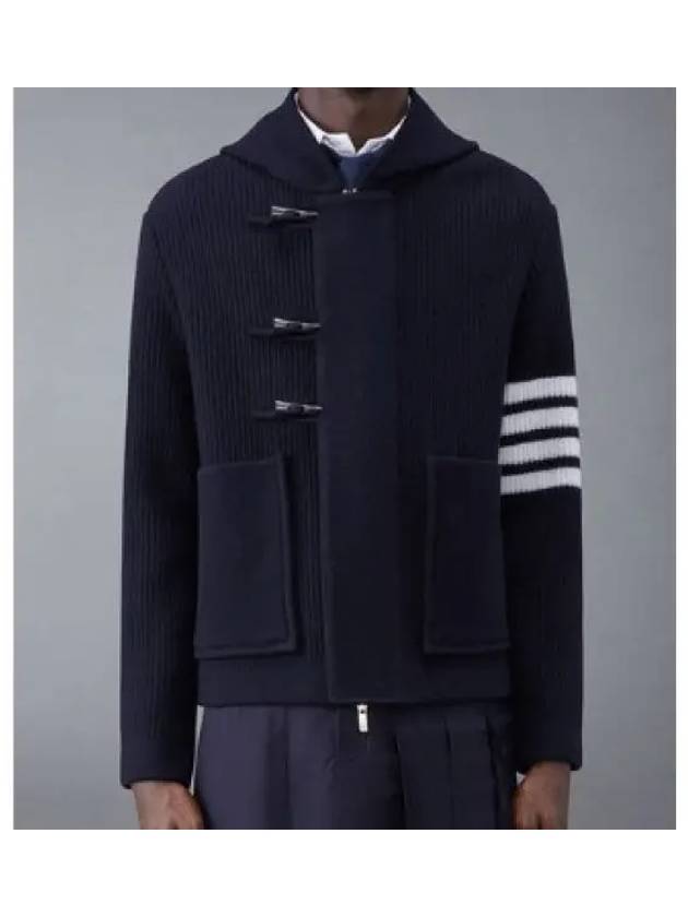 Boiled Wool Half Cardigan Stitched Hooded 4 Bar Double Jacket Navy - THOM BROWNE - BALAAN 2