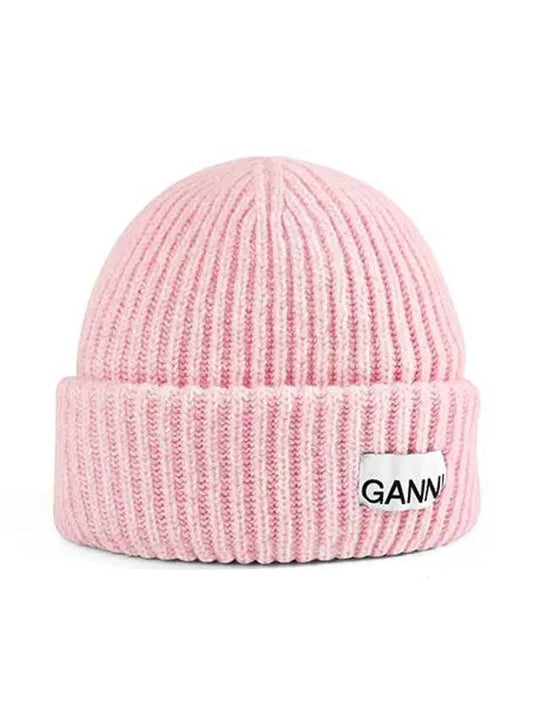 Logo Patch Knit Beanie Pink - GANNI - BALAAN 2