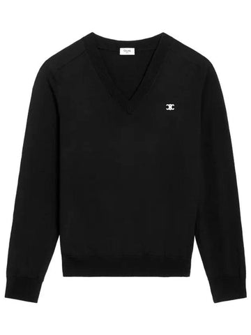 Triomphe Embroidered Logo V-Neck Wool Knit Top Black - CELINE - BALAAN 1