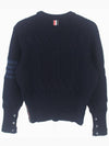 Men's Navy Aran Cable Classic Crew Neck Knit - THOM BROWNE - BALAAN.