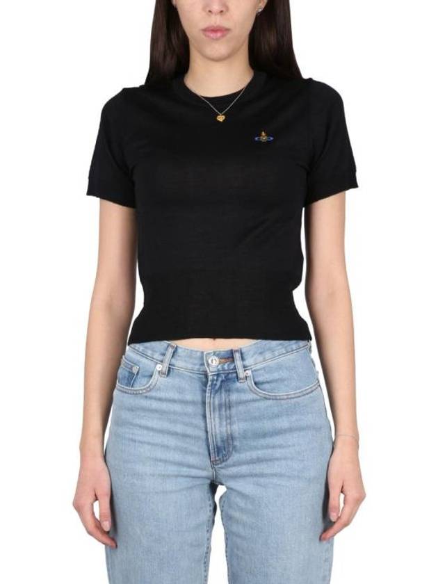 Women's ORB Logo Wool Silk Blend Crop Knit Top Black - VIVIENNE WESTWOOD - BALAAN 2