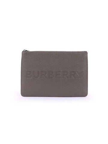 Embossed Logo Leather Clutch Bag Charcoal - BURBERRY - BALAAN 1