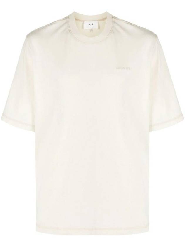 Embroidered Logo Short Sleeve T-Shirt Ivory - AMI - BALAAN 1