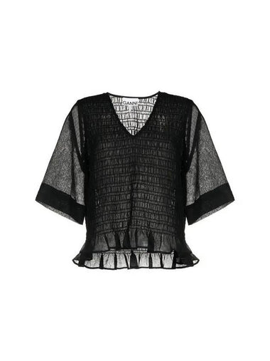 Mock V-Neck Crinkled Blouse Black - GANNI - BALAAN 1