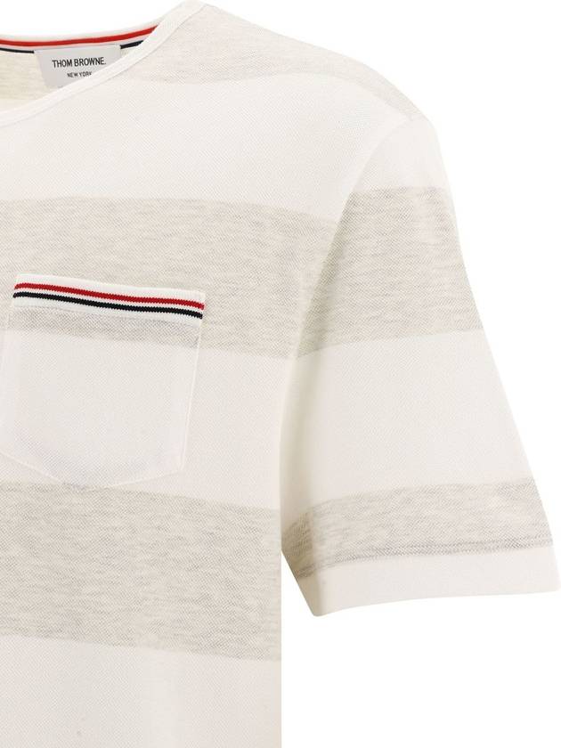 Men's Rugby Striped Pick Pocket Short Sleeve T-Shirt Pale Grey White - THOM BROWNE - BALAAN 4