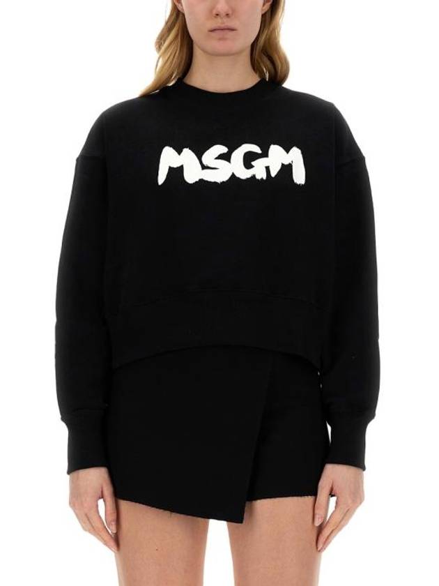 Brushed Logo Crop Cotton Sweatshirt Black - MSGM - BALAAN 2