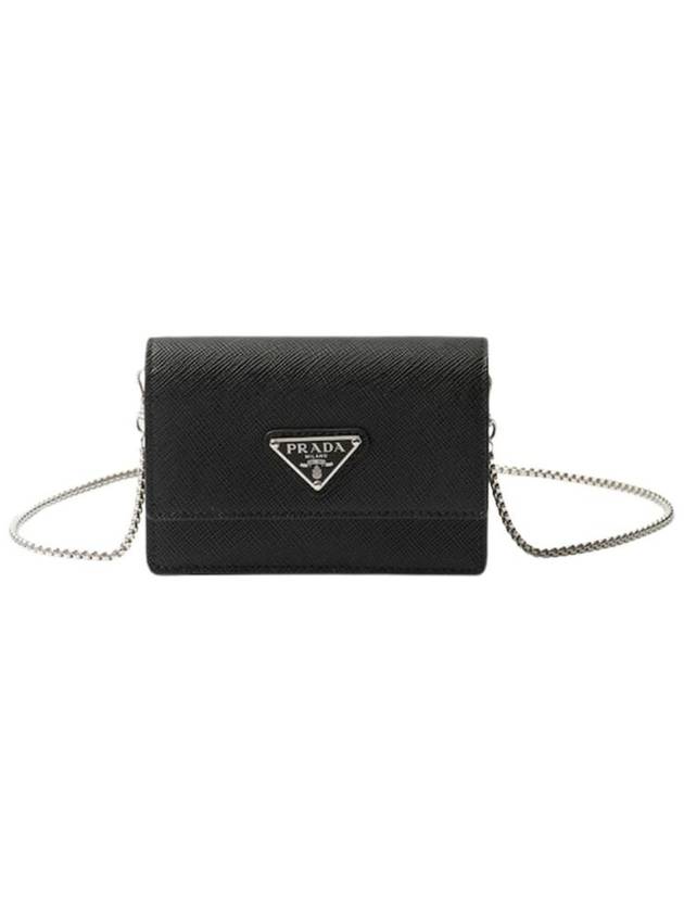 Chain Strap Saffiano Leather Card Wallet Black - PRADA - BALAAN 1