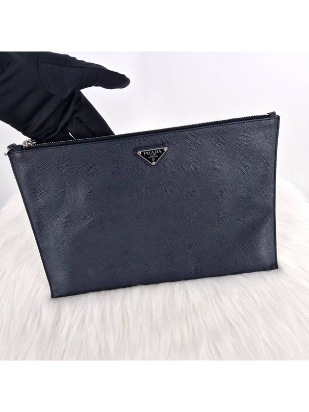 Saffiano triangle logo clutch bag navy - PRADA - BALAAN 2