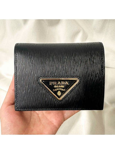 Gold triangle logo Saffiano bifold wallet black - PRADA - BALAAN 2