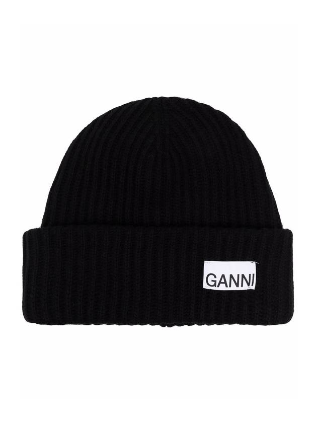 Logo Patch Wool Beanie Black - GANNI - BALAAN 1