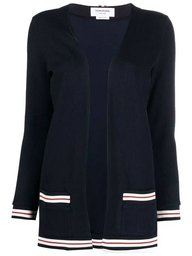 Cricket Stripe Lightweight Textured Cotton V-Neck Cardigan Navy - THOM BROWNE - BALAAN 3