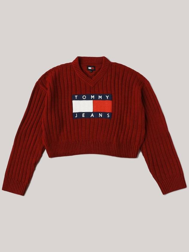 Flag V Neck Cropped Knit Top Red - TOMMY HILFIGER - BALAAN 2